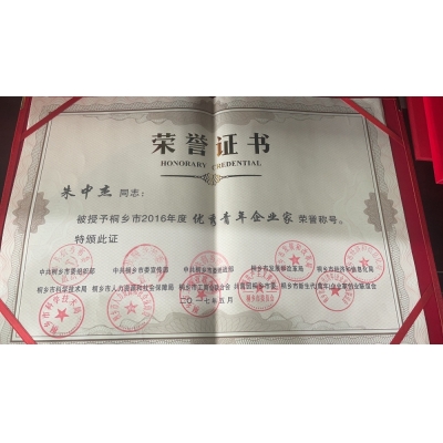 朱中杰同志 2016年度優秀青年企業家